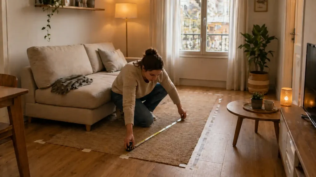 Personne mesurant l’espace disponible dans un petit salon avant d’installer une méridienne convertible