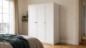 Armoire blanche tirée du mur avec traces de moisissure derrière le meuble