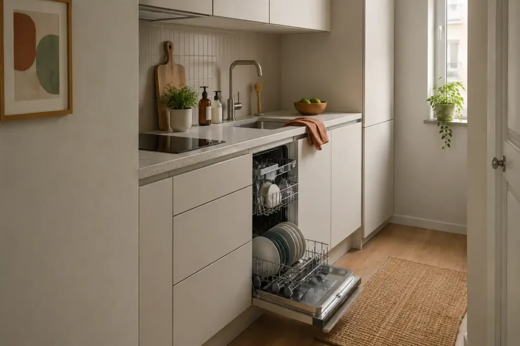 Lave-vaisselle 45 cm ouvert dans une petite cuisine moderne montrant l’organisation des paniers