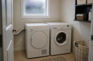 Sèche-linge et lave-linge dans une petite buanderie avec fenêtre embuée