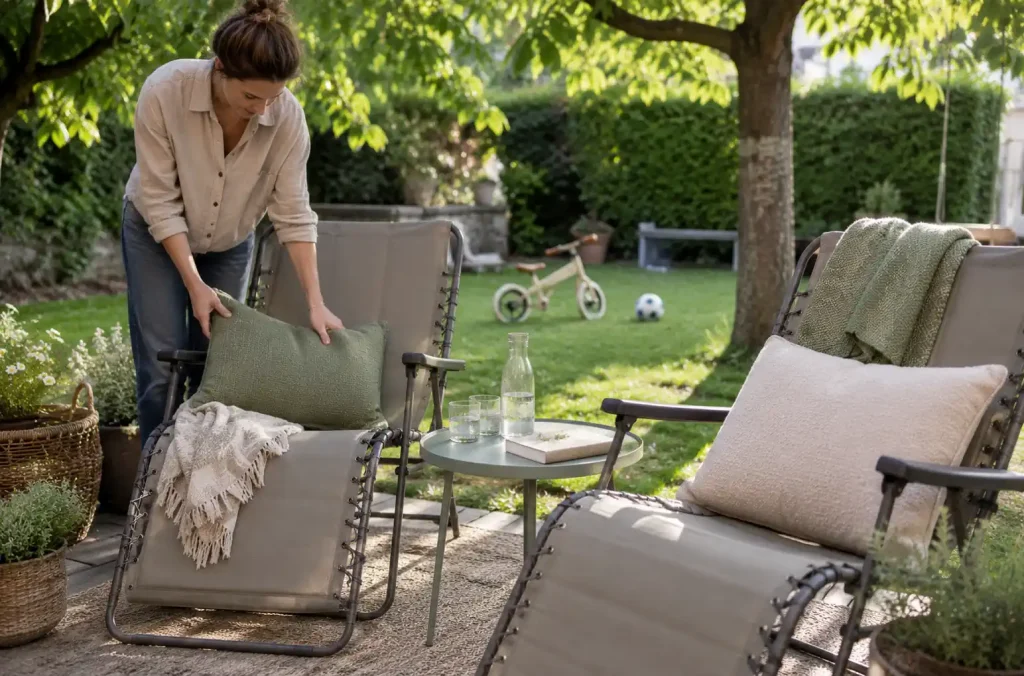 Assises confortables avec table d’appoint dans un coin détente de jardin familial
