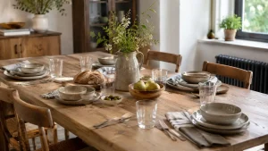 Table dressée avec une vaisselle harmonieuse dans une salle à manger chaleureuse