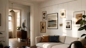 Tableaux accrochés sur une cimaise murale dans un intérieur soigné