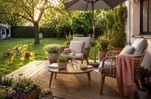 Coin détente avec fauteuils et ombre dans un jardin familial