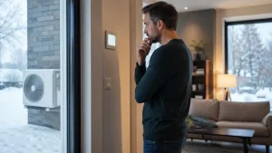 Personne vérifiant les réglages d’une pompe à chaleur dont la résistance se déclench