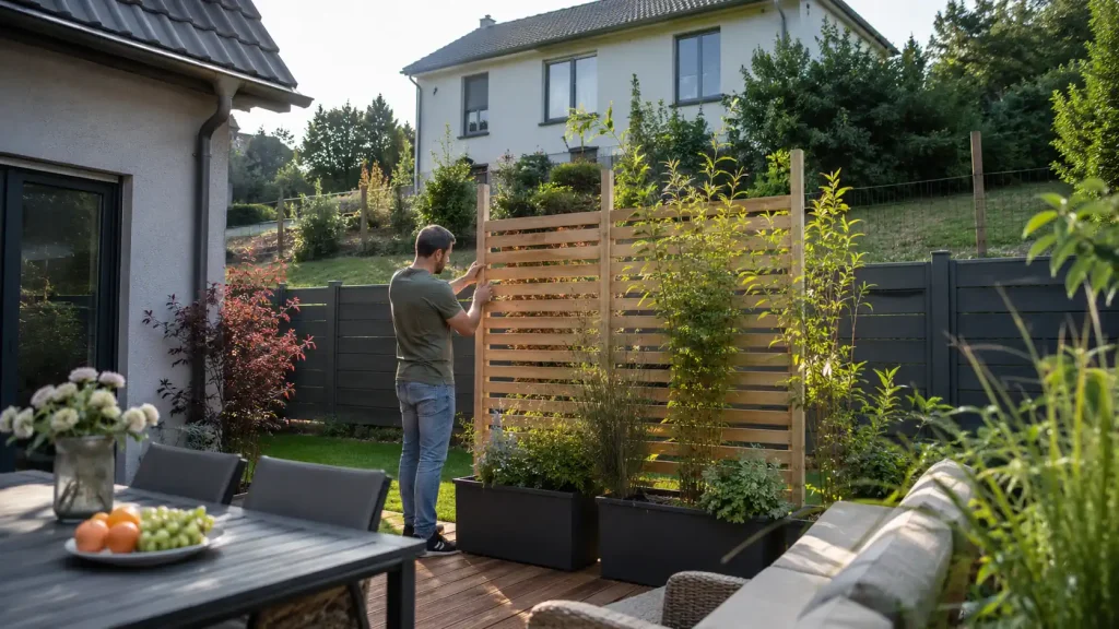 Claustra et jardinières installés pour protéger un jardin d’une vue plongeante