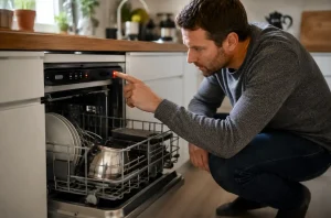 Personne vérifiant un lave-vaisselle qui sonne et clignote dans une cuisine