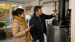 Couple vérifiant une installation de chauffage au fioul dans une maison