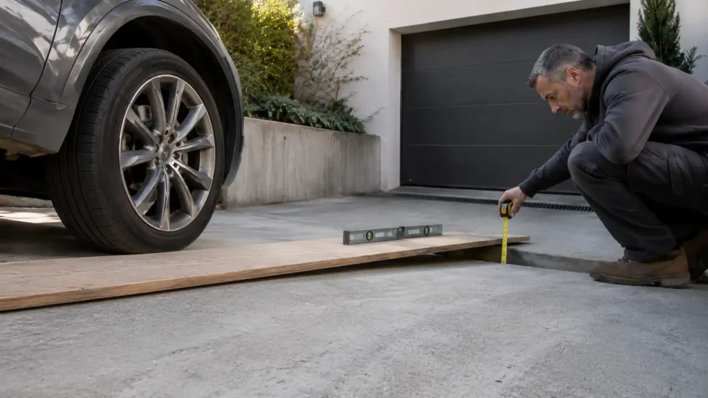 Mesure de l’écart sous une planche pour adoucir une pente de garage