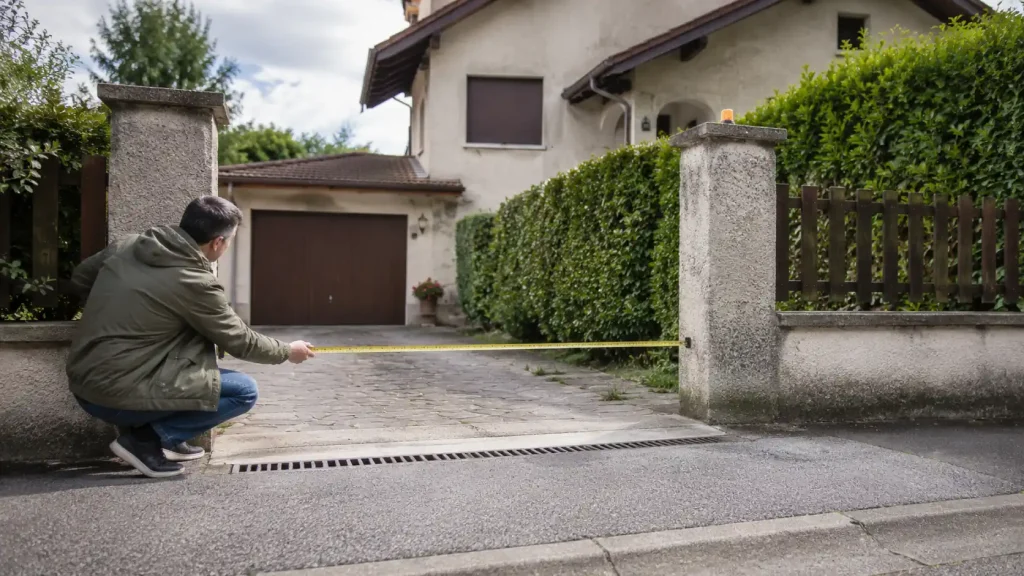 Personne mesurant l’entrée d’une maison avant de choisir un portail en PVC