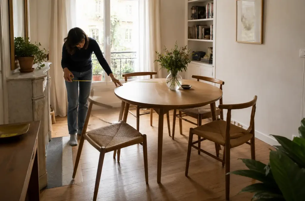 Personne mesurant l’espace autour d’une table ronde dans une petite salle à manger