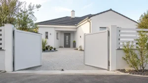 Portail en PVC moderne sécurisant l’entrée d’une maison rénovée