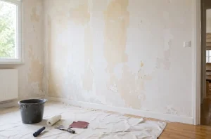 Mur détapissé en cours de préparation avant peinture