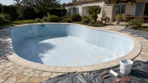 Piscine coque vidée avant travaux de peinture et rénovation