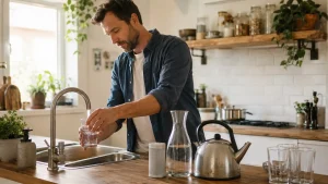 Verre d’eau rempli au robinet dans une cuisine avec carafe filtrante et bouilloire
