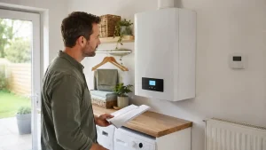 Personne consultant les réglages d’une chaudière pour la sonde extérieure