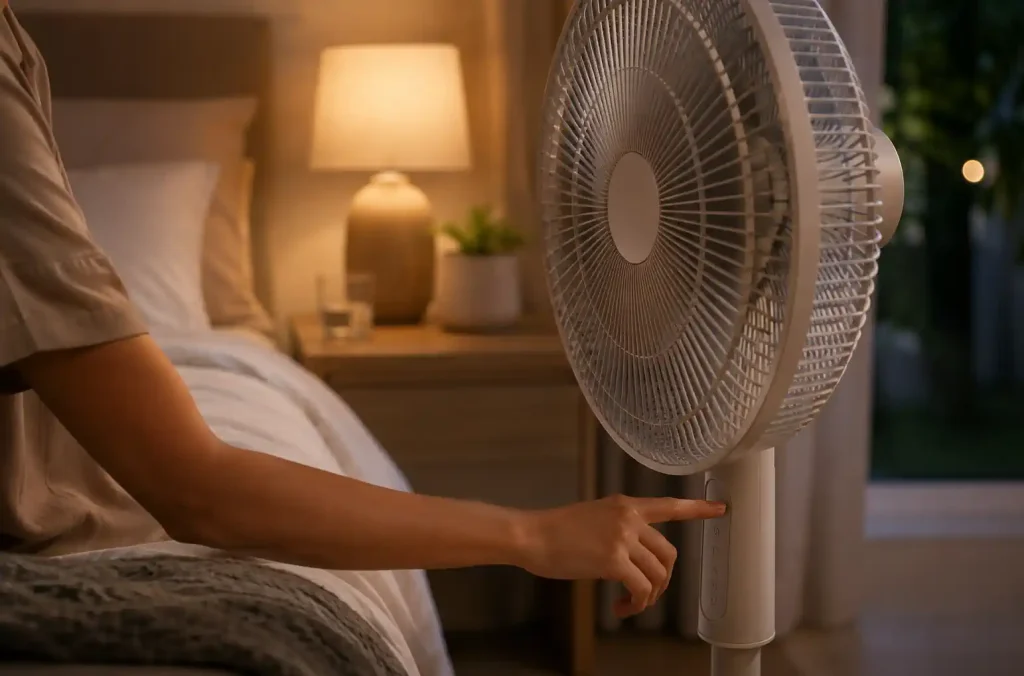 Personne réglant un ventilateur silencieux dans une chambre avant de dormir