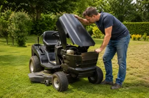 Tracteur tondeuse arrêté dans un jardin après avoir calé pendant la tonte
