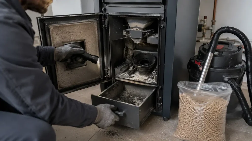 Vérification du cendrier et du creuset d’une chaudière à granulés en panne