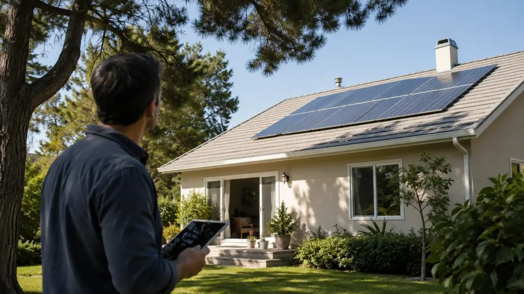 Personne vérifiant l’exposition d’une toiture avant d’installer un kit solaire