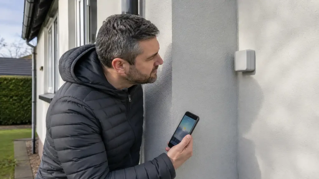 Vérification d’une sonde extérieure de chaudière sur une façade
