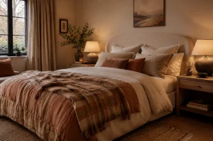 Chambre cocooning avec lit habillé de textiles chauds et lumière douce