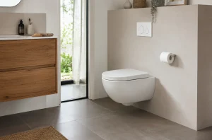 WC suspendu aux lignes simples installé dans une salle de bains
