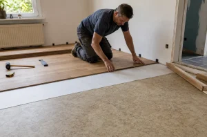 Pose en cours d’un parquet flottant sur un lino plat avec sous-couche
