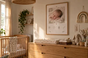 Affiche de naissance personnalisée avec photo d’un nouveau-né dans une chambre de bébé