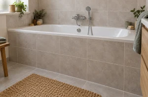 Baignoire encastrée avec tablier carrelé sans trappe de visite visible