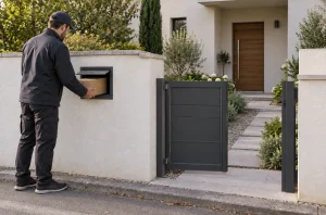 Livreur déposant un colis dans une boîte à colis encastrée dans le muret d’une maison individuelle
