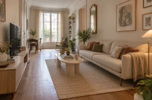 Canapé droit peu profond dans un salon en longueur avec passage dégagé