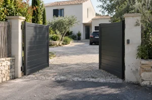 Portail battant en aluminium à deux vantaux ouvert vers l’intérieur d’une propriété