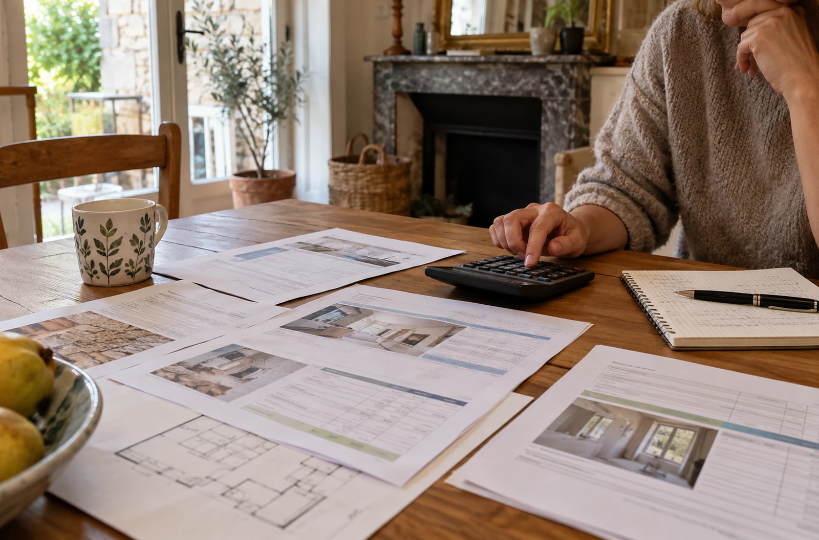 Personne utilisant une calculatrice devant des documents de rénovation étalés sur une table en bois