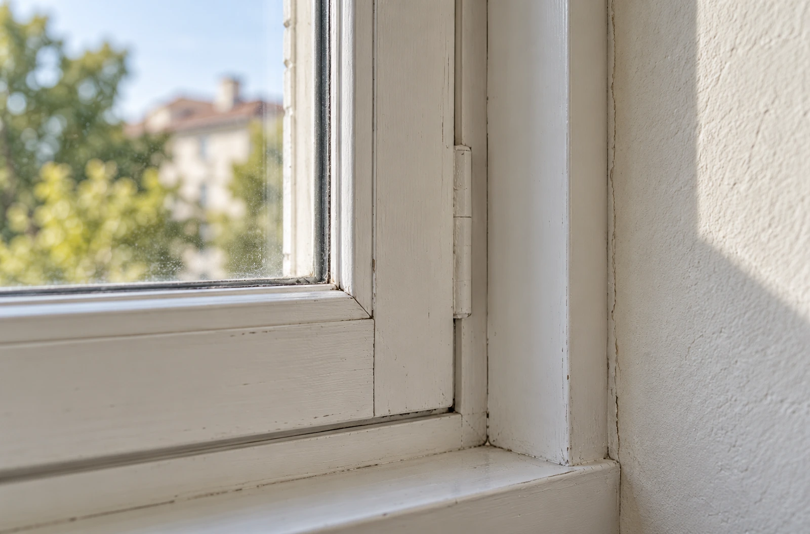 Détail d’un cadre de fenêtre en bois peint et de sa jonction avec le mur intérieur
