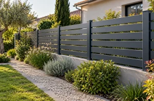 Clôture en aluminium gris à lames horizontales espacées posée sur un muret dans un jardin
