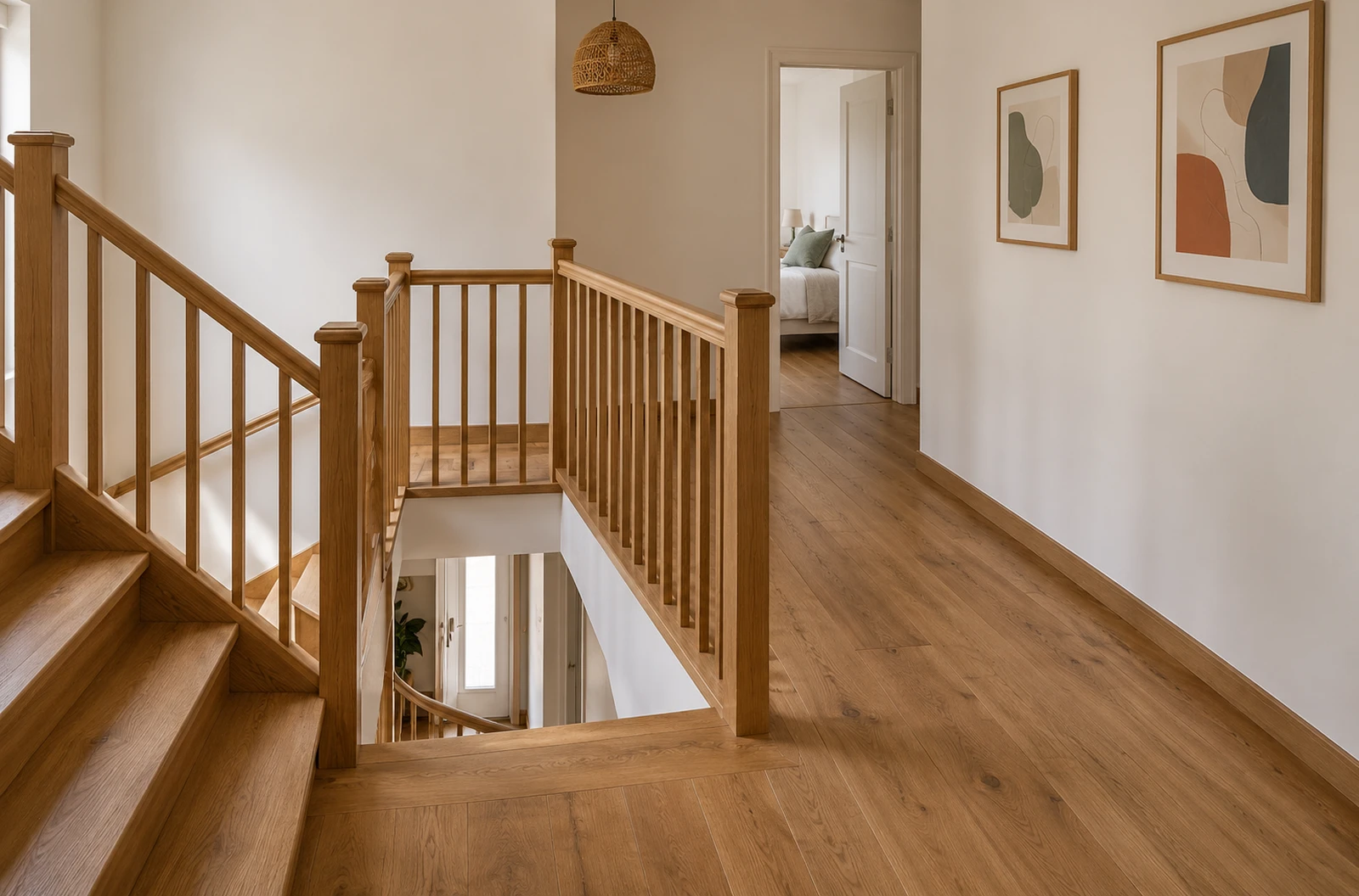 Palier dégagé près d’un escalier en bois, avec deux cadres sobres sur un mur clair