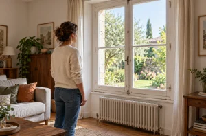 Personne observant une fenêtre en bois ancienne dans un salon habité