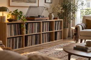 Meuble bas en bois avec disques vinyles rangés verticalement et platine sur le dessus