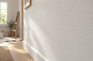 Mur intérieur recouvert de toile de verre peinte avec texture tissée visible