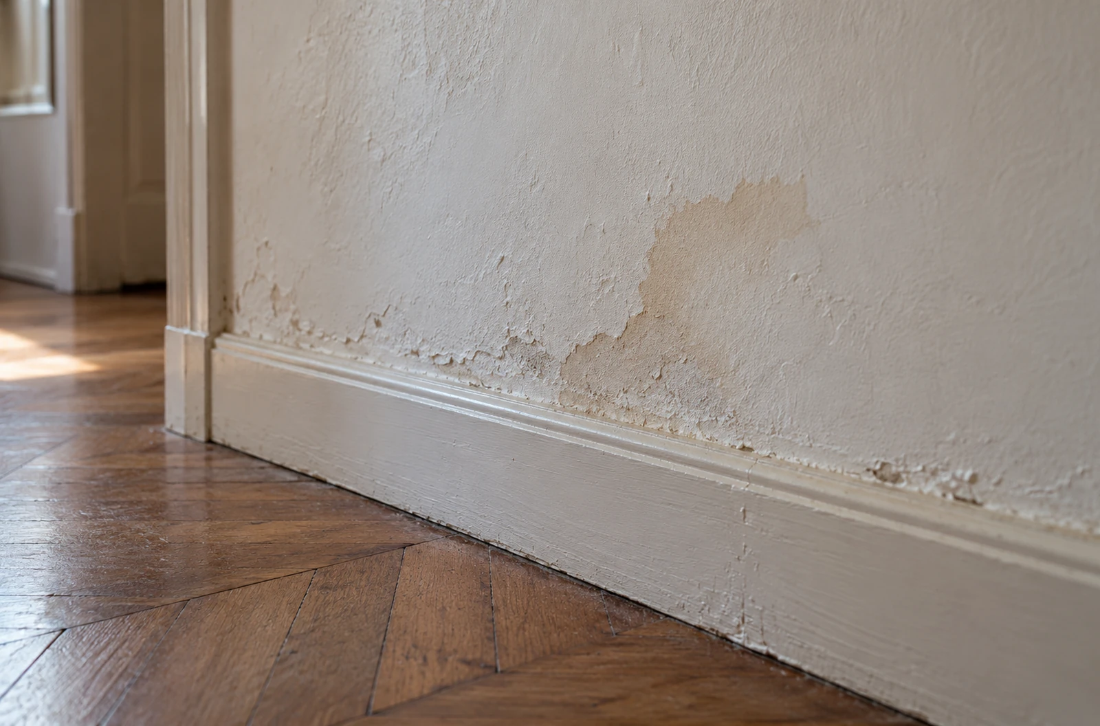 Bas de mur intérieur présentant une ancienne auréole et un enduit dégradé près de la plinthe