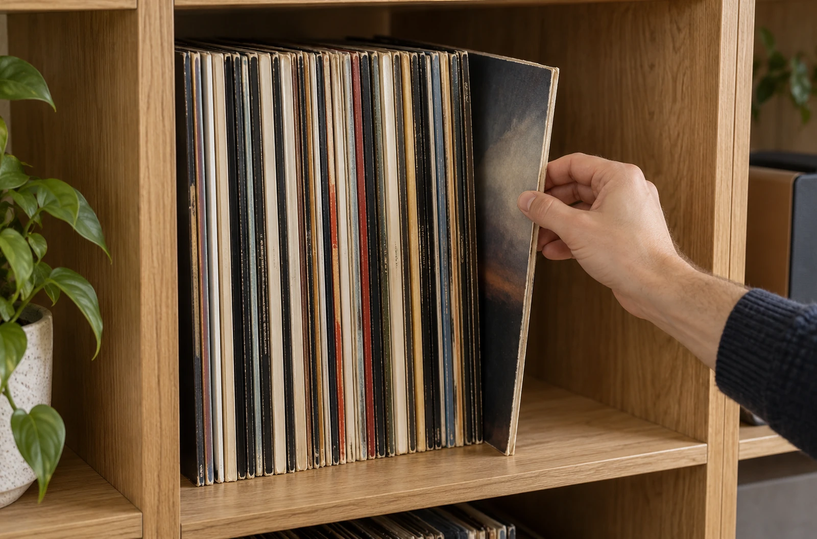 Gros plan sur des pochettes de vinyles rangées debout dans un casier en bois avec un espace pour les saisir